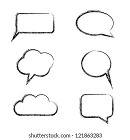Hand-Drawn Speech Bubble Set – Six Sketchy Dialog and Thought Shapes in Comic Style. A collection of six hand-drawn speech and thought bubbles arranged in a 2×3 grid. Each bubble features a unique sketch-style outline, including rectangular, oval, circular, cloud-shaped, and rounded corner variations, all with directional tails. These comic-style elements are ideal for use in graphic design, digital communication, educational visuals, and editorial layouts. The informal and expressive look makes them suitable for both commercial and editorial use across print and digital platforms.
