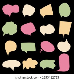 Hand-drawn speech bubble vector set on a black background.