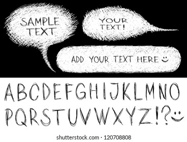 Hand-drawn speech bubbles with alphabet.