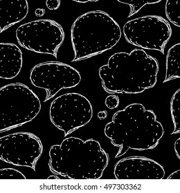 Hand-drawn speech bubbles blank. Seamless pattern. Vector illustration. White on a black background.
