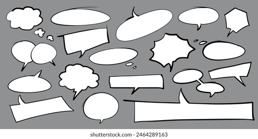 Hand-drawn speech bubbles. Chat balloons. Round frames with clouds of doodles. Vector set. Hand drawn, not AI