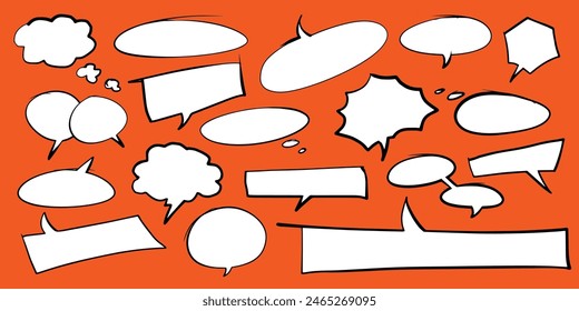 Hand-drawn speech bubbles. Chat balloons. Round frames with clouds of doodles. Vector set. Hand drawn, not AI