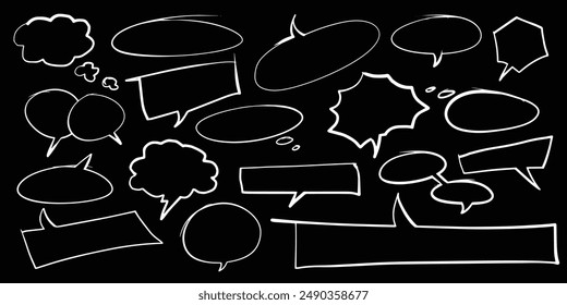 Hand-drawn speech bubbles. Chat balloons. Round frames with clouds of doodles. Vector set. Hand drawn, not AI
