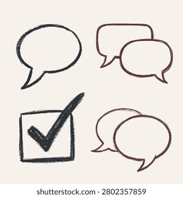 Hand-drawn speech bubbles and a checkmark with chalky textured outlines on a light beige background in charcoal grey and reddish-brown
