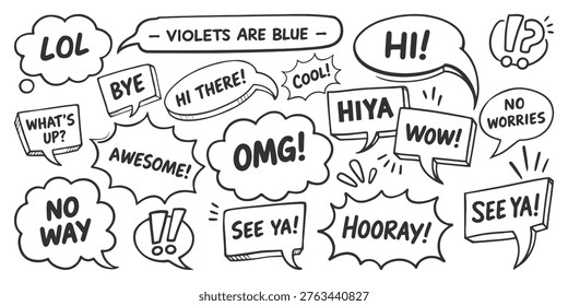 Hand-drawn speech bubbles with diverse phrases and exclamations