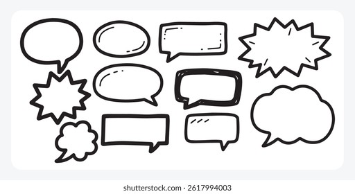 Bolhas de fala desenhadas à mão e sinais de doodle, elemento conjunto Doodle, conjunto desenhado à mão, citações, bolhas de quadrinhos, fala de doodle, 