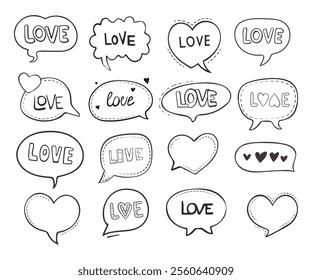 Hand-drawn speech bubbles with love messages for Valentine's day. Set of doodle comic balloon, clouds, heart shaped design elements for characters speech.