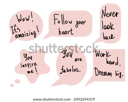 Hand-drawn speech bubbles, phrases. Speech bubbles with compliments, hand written phrases and doodle elements. Self love, motivation or world compliment
