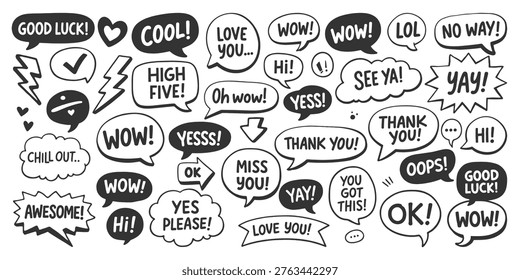 Hand-drawn speech bubbles with positive exclamations