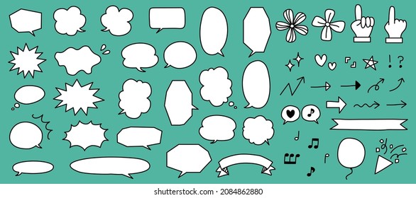 Hand-drawn speech bubbles and a set of icons and symbols (painted in white with a black line)