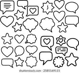 Hand-drawn speech bubbles, A set of various social media icons in a simple, black and white line style.