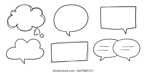 Hand-drawn speech bubbles in various shapes. Speech bubbles for comics, notes, or messages. Blank speech bubbles for creative designs or text inserts. Hand drawn message element set. Vectors.
