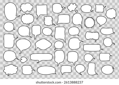 hand-drawn speech bubbles in white on transparent background, circular, rectangular, and cloud-like, monochrome, simple outline