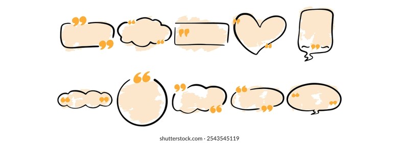 Hand-drawn speech and quote bubbles in various shapes, including rectangles, clouds, and hearts, outlined in black with yellow quotation marks on a textured beige background.