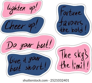 Hand-drawn speech stickers, phrases. Speech stickers with phrases, hand written phrases and doodle elements. Motivation or encouraging text. Hand-drawn vector phrase stickers.Chat speech bubble banner