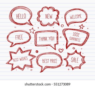 Hand-drawn speech and thought bubbles on lined paper. Vector sketch illustration.
