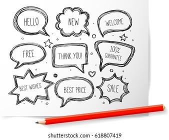 Hand-drawn speech and thought bubbles. Vector sketch illustration.