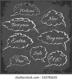 Hand-drawn speech and thought bubbles in vintage style on blackboard. Vector illustration.