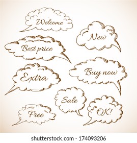 Hand-drawn speech and thought bubbles in vintage style. Vector illustration.