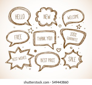 Hand-drawn speech and thought bubbles in vintage style. Vector sketch illustration.