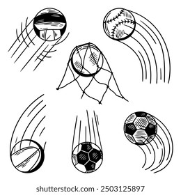 hand-drawn speed football vector. Line art of different balls.