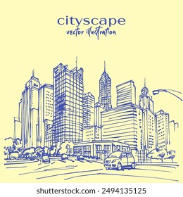 A hand-drawn speed sketch of modern cityscape, city with tall skyscrapers with cars along a street in the foreground. 