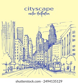 A hand-drawn speed sketch of modern cityscape, city with tall skyscrapers with cars along a street in the foreground. 