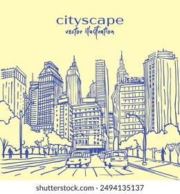 A hand-drawn speed sketch of modern cityscape, city with tall skyscrapers with cars along a street in the foreground. 
