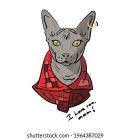 Hand-drawn Sphynx cat in a red checkered shirt and a gold earring with a ring in the ear. Lettering I love you mom. Vector illustration for print and cat food advertising, pet shop, sticker and poster