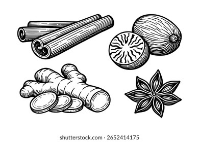 Hand-Drawn Spices Illustration Set: Cinnamon, Nutmeg, Ginger, and Star Anise Vector