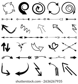 Hand-drawn spiral, curved, and straight arrow vector icons with sketchy, doodle, and artistic styles for infographics, design projects, presentations, guides, direction, and navigation illustrations