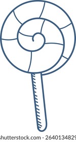 A hand-drawn spiral lollipop with a stick in outline style. The candy features a circular swirl pattern on top of a slender handle. Cartoon vector illustration.