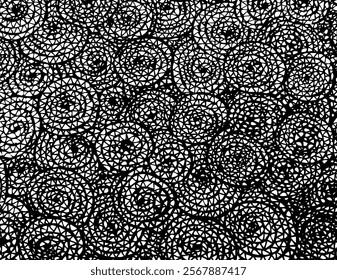 Hand-drawn spirals with many details. Vector abstract background. Circles overlap and interweave. Black and white ornament