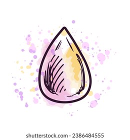 Hand-drawn sponge, beauty cosmetic element, self care. Illustration on a watercolor pastel background with splashes of paint. Useful for beauty salon, cosmetic store, makeup. Doodle sketch style.