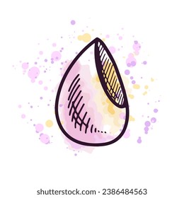 Hand-drawn sponge, beauty cosmetic element, self care. Illustration on a watercolor pastel background with splashes of paint. Useful for beauty salon, cosmetic store, makeup. Doodle sketch style.
