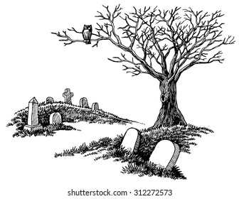 Hand-drawn spooky graveyard with tombstones and tree with an owl.