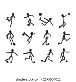 Juego de iconos deportivos dibujados a mano. Diferentes posiciones del hombre jugando con la pelota.  Colección de logotipos hecha con pincel negro sobre fondo blanco. Ilustración vectorial.