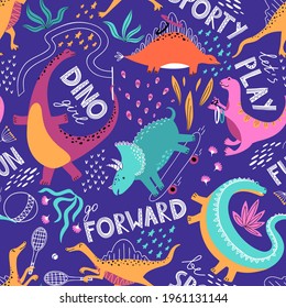 Hand-drawn sporty dinosaurs vector seamless pattern. Dino cartoon characters with lettering. Scandinavian illustration. Texture sketch Jurassic reptiles. Kids cloth, wrapping paper, fabric, backdrop