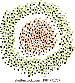 Hand-drawn spot of small orange black dots surrounded by loop of green black specks. Vector handmade assets for creating modern designs. Abstract handwriting from points.  Doodle circles for templates
