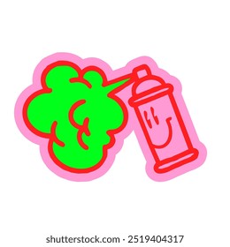 Hand-drawn spray paint can with paint cloud. Creative sticker symbolizing art, graffiti, and bold expression. Vector illustration for street art, creativity, and dynamic design.