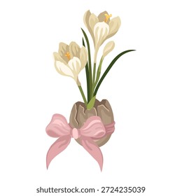 Flor de azafrán floreciente de primavera dibujada a mano en cáscara de huevo agrietada con un arco, diseño de tarjeta de felicitación de Pascua o decoración de temporada