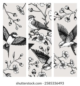Hand-drawn spring bookmark design. Cherry blossom and flying bird sketch illustration. Japanese style template for print. NOT AI generated