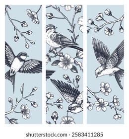 Hand-drawn spring bookmarks set. Cherry blossom and flying bird sketch illustration. Japanese style template for print. NOT AI generated