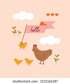 Hand-drawn spring card with cloud, chicken, plants, lettering. Hand-drawn vector card, isolated on pink background. Spring season concept, Easter, nature.