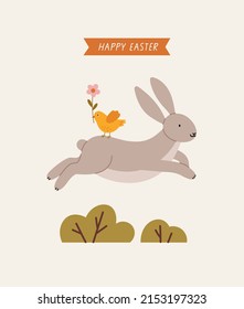 Hand-drawn spring card with jumping rabbit through the bushes with chicken on top. Hand-drawn vector card, isolated on pink background. Spring season concept, Easter, nature.