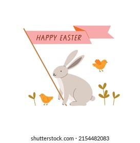 Hand-drawn spring card with rabbit, flag with lettering, and chickens. Hand-drawn vector card, isolated on white background. Spring season concept, Easter, nature.