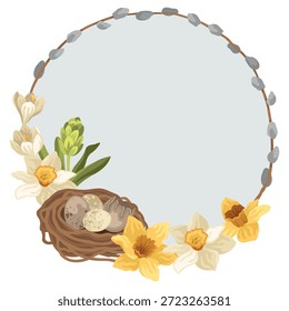 Tarjeta de Pascua de primavera dibujada a mano con corona floral hecha de sauce coño, flores de narciso, azafranes y pájaros anidan con huevos 