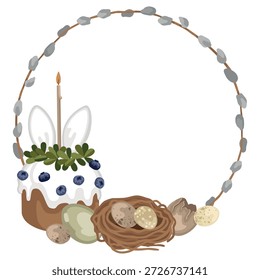 Cartão de Páscoa de primavera desenhado à mão com grinalda floral feita de salgueiro buceta e pássaros nidificam com ovos, casca de ovo e bolo de Páscoa 