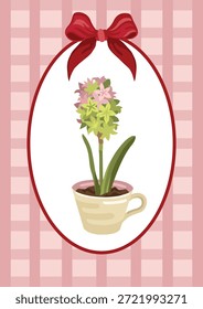 Tarjeta de felicitación de Pascua dibujada a mano de la primavera con la taza de té plantó la flor del jacinto, el marco, el arco rojo y el fondo a cuadros decorativo