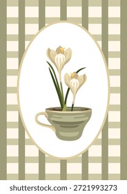 Mão-desenhado primavera Páscoa cartão de saudação com xícara plantada flores de croco, quadro e fundo xadrez decorativo